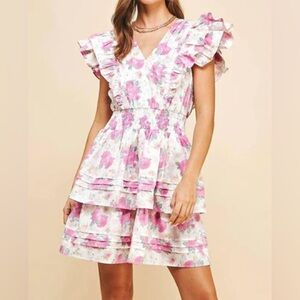 Pinch Pink and White Ruffled Tiered Mini Dress